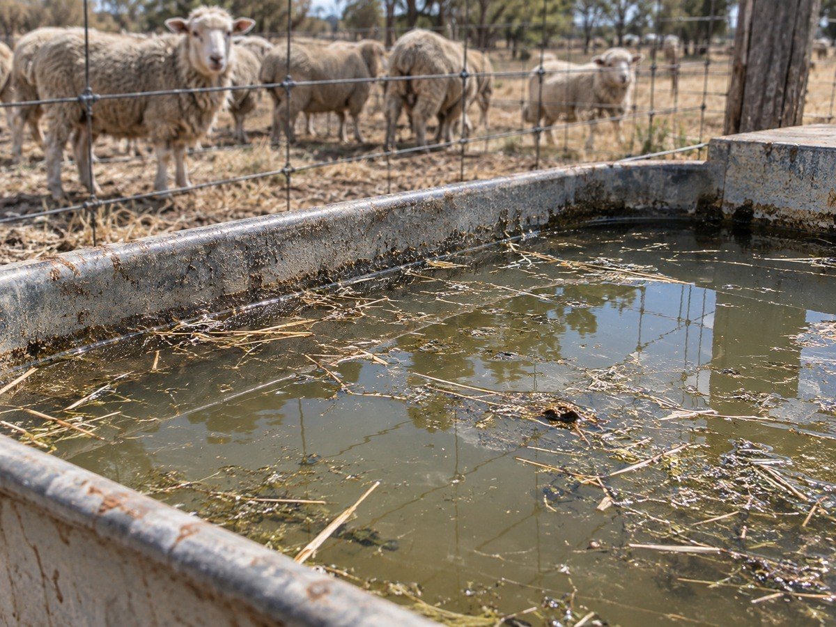 A concrete trough with green water and straw floating on it