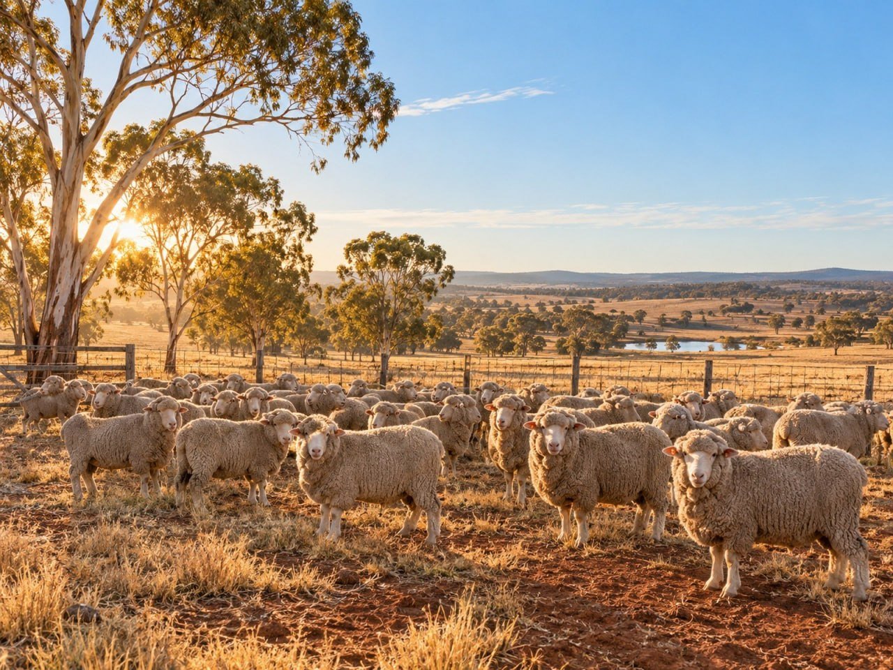 Sheep in a yard at sunrise
